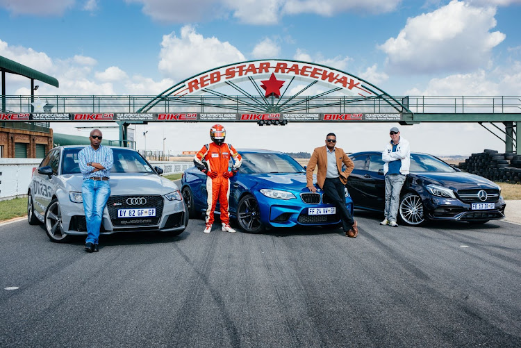 From left to right: Lerato Matebese and the Audi RS3, Mandla Mdakane, Morgan Naidu and the BMW M2, Bruce Fraser and the Mercedes-AMG A45.