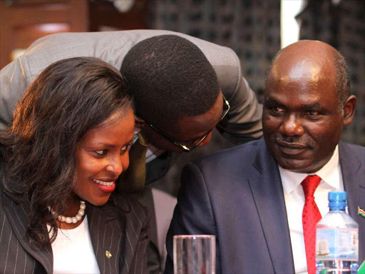 IEBC chairman Wafula Chebukati and former vice chairperson Consolata Nkatha and former CEO Ezra Chiloba during KPMG release of Audit of Register report in Nairobi on June 9, 2017. /ENOS TECHE.