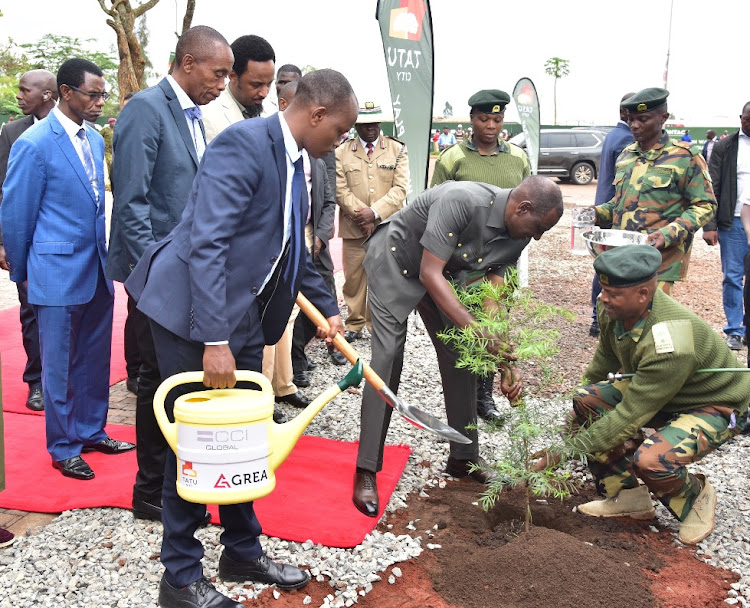 President William Ruto plants a tree during the opening ceremony of CCI Global, Africa's leading outsourcing firm, at Tatu City. The new five-story building inside Tatu City represents a US$ 50 million investment into the Kenyan BPO industry. The state-of-the-art facility is Kenya’s largest call centre, promising to invigorate the nation’s economy by creating over 5,000 new job opportunities in the short term.