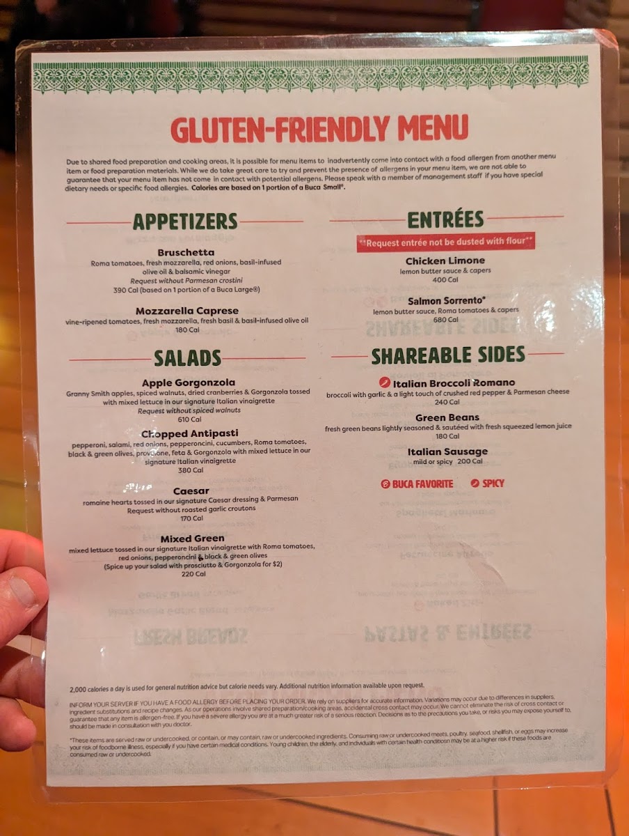 Gluten Friendly menu from Buca di Beppo in Excalibur