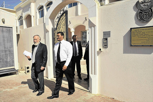 Deputy Minister of International Relations and Cooperation Marius Fransman, right, with Professor Cyril Karabus outside the South African embassy in Abu Dhabi, in the United Arab Emirates. File photo.