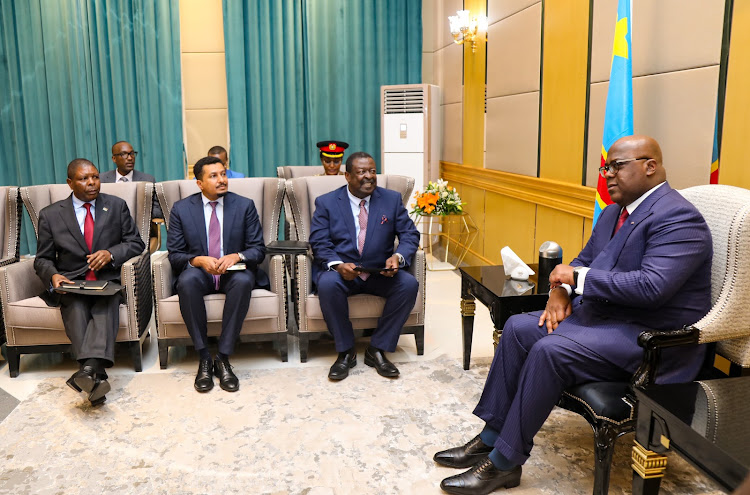 Prime Cabinet Secretary Musalia Mudavadi accompanied by other leaders during a meeting with President Felix Tshisekedi of the Democratic Republic of Congo in Kinshasa on May 9, 2024.