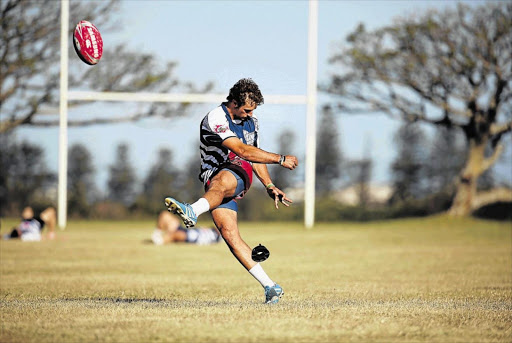 PRACTICE MAKES PERFECT: North West University’s Marcel Steyn-Scholtz gets in some kicking practice ahead of the Ussa Rugby Week which will be played in East London starting today Picture: MARK ANDREWS