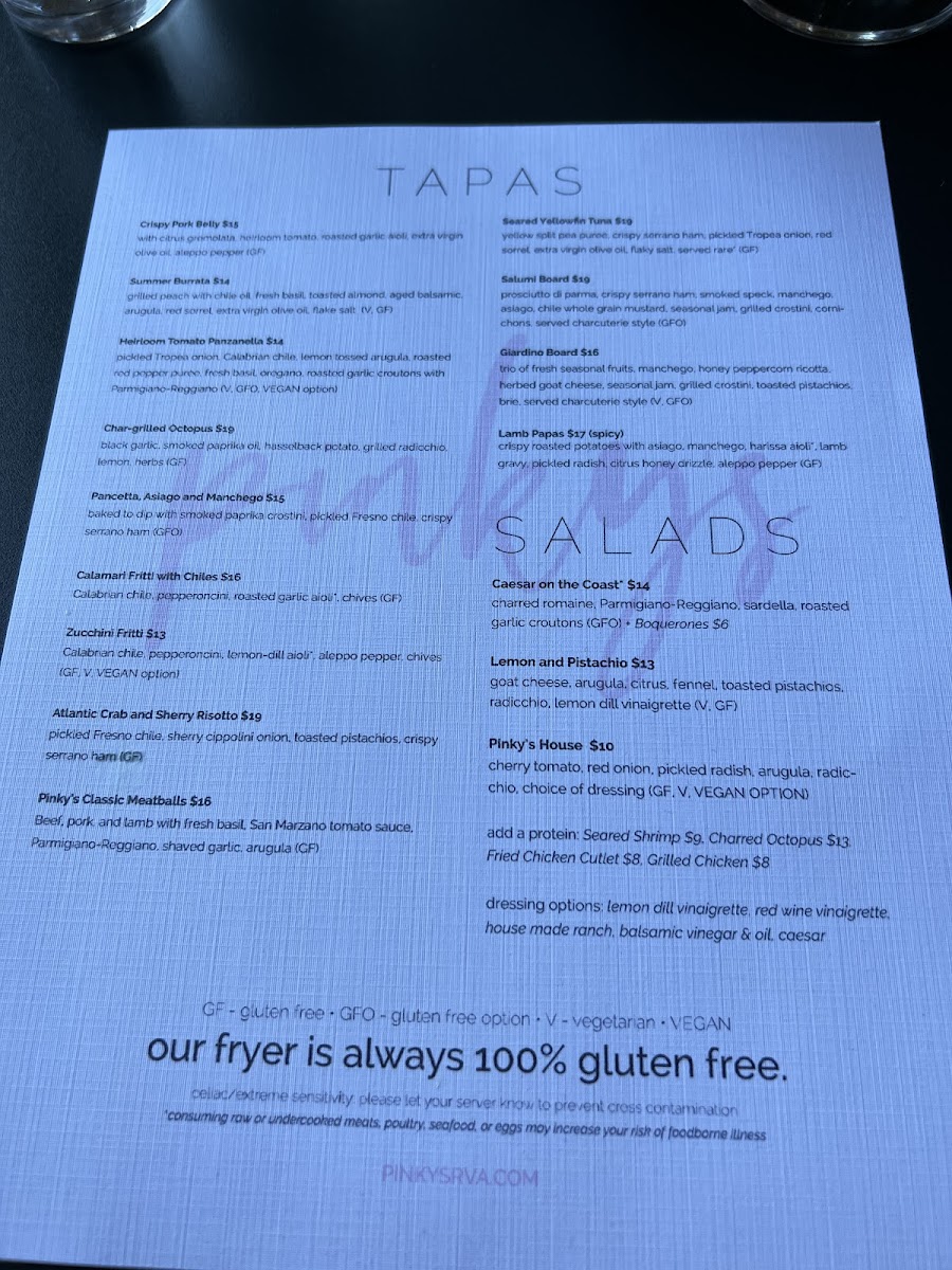 Pinky's gluten-free menu