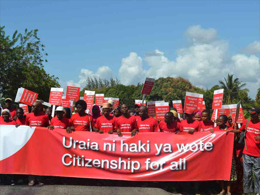 The 1,000 stateless people walk from Kwale to State House, Nairobi, on Monday. They want to meet President Uhuru Kenyatta to seek his help in getting Kenyan citizenship /ALLOYS MUSYOKA
