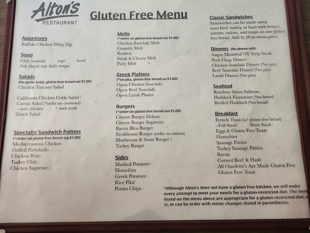 Alton's Restaurant gluten-free menu