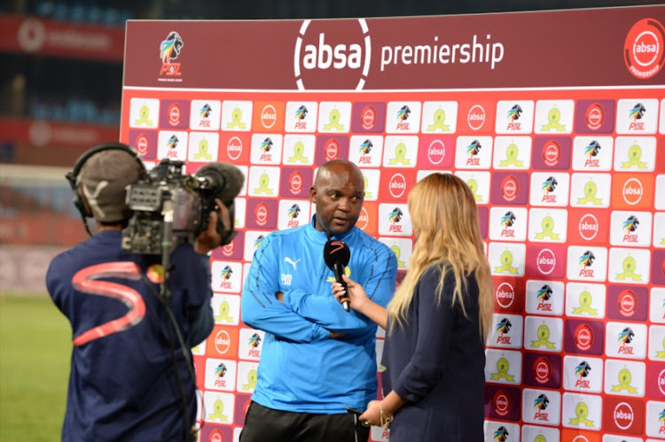 Julia Staurt speaks to Pitso Mosimane during the Absa Premiership match between Mamelodi Sundowns and Highlands Park at Loftus Versfeld Stadium on August 22, 2018 in Pretoria, South Africa.