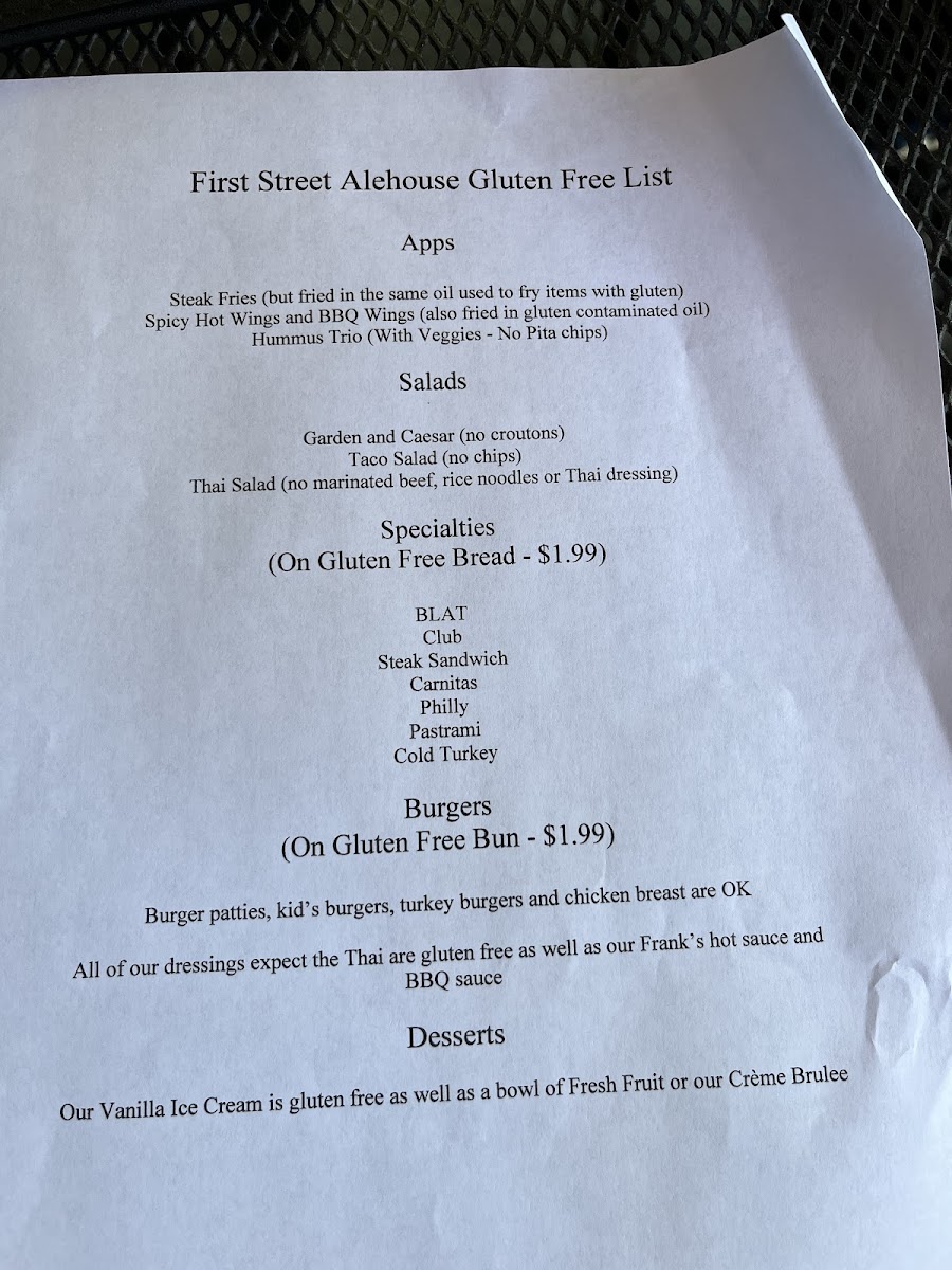 First Street Alehouse gluten-free menu