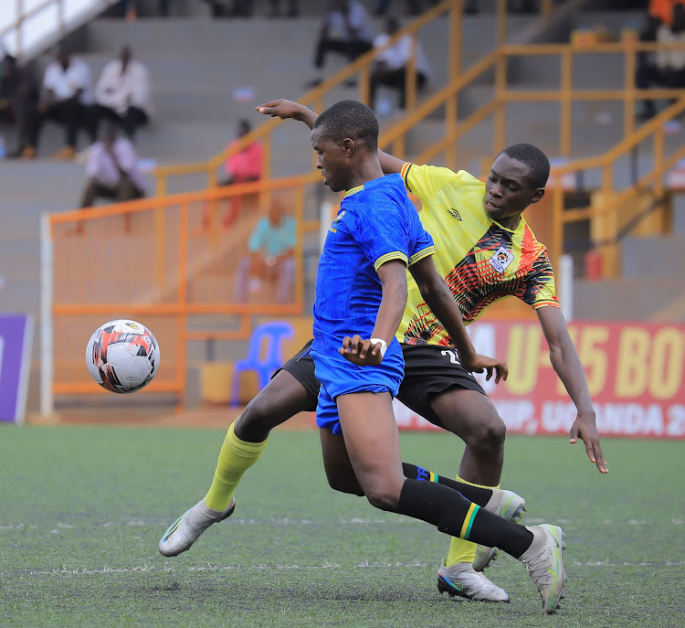 Enock Bagenda (R) of Uganda and Mohammed Omar of Tanzania during the 2023 Cecafa U15 Boys Championships