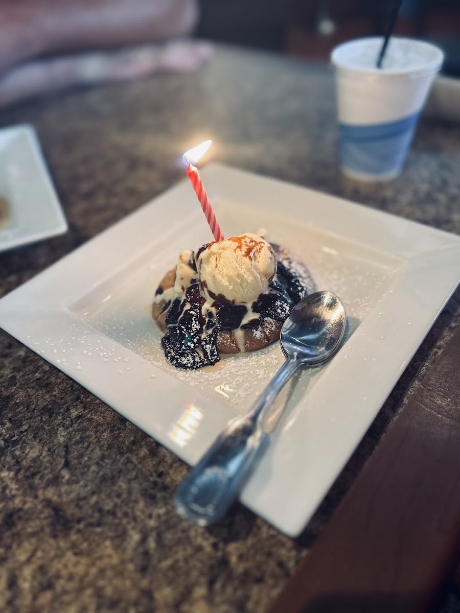 (for my 8-year-old daughter birthday) Gluten Free Cookie Sundae David’s GF Chocolate chip cookie , ice cream, whipped cream, hot fudge