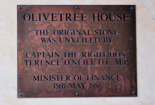 A plaque (since removed), marking the opening of Olivetree House J3374 : Olivetree House, Belfast (1) by Terence ONeill (later ennobled as Lord ONeill of The Maine) when Minister of Finance -...