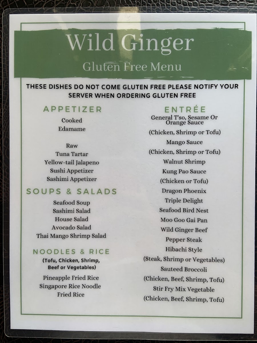Wild Ginger Asian Bistro & Sushi Bar gluten-free menu