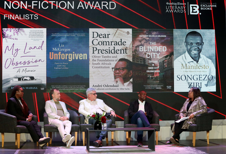 Jennifer Platt in conversation with non-fiction finalists Bulelwa Mabasa, Matthew Wilhelm-Solomon, André Odendaal and Songezo Zibi.