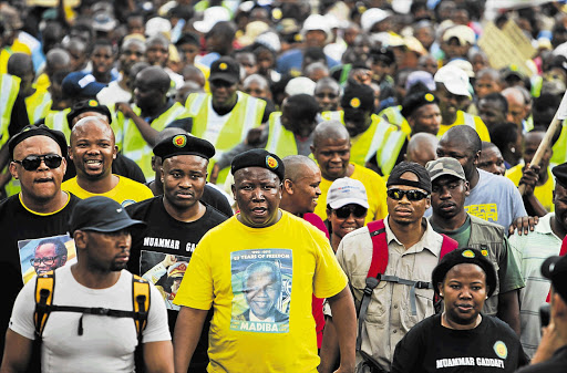 File photo of ANC Youth League president Julius Malema marching supporters to the JSE in Sandton, northern Johannesburg.