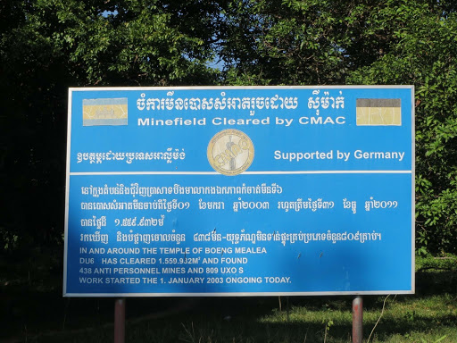 Minefield Cleared by CMAC Supported by Germany IN AND AROUND THE TEMPLE OF BOENG MEALEADU6 HAS CLEARED 1.559.932M^2 AND FOUND438 ANTI PERSONNEL MINES AND 809 UXO SWORK STARTED THE 1. JANUARY 2003...