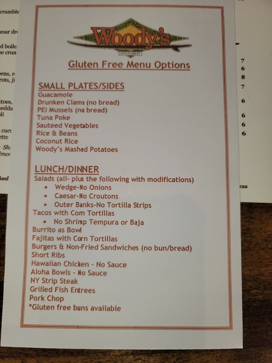 Woody's Ocean Grille Tinton Falls gluten-free menu