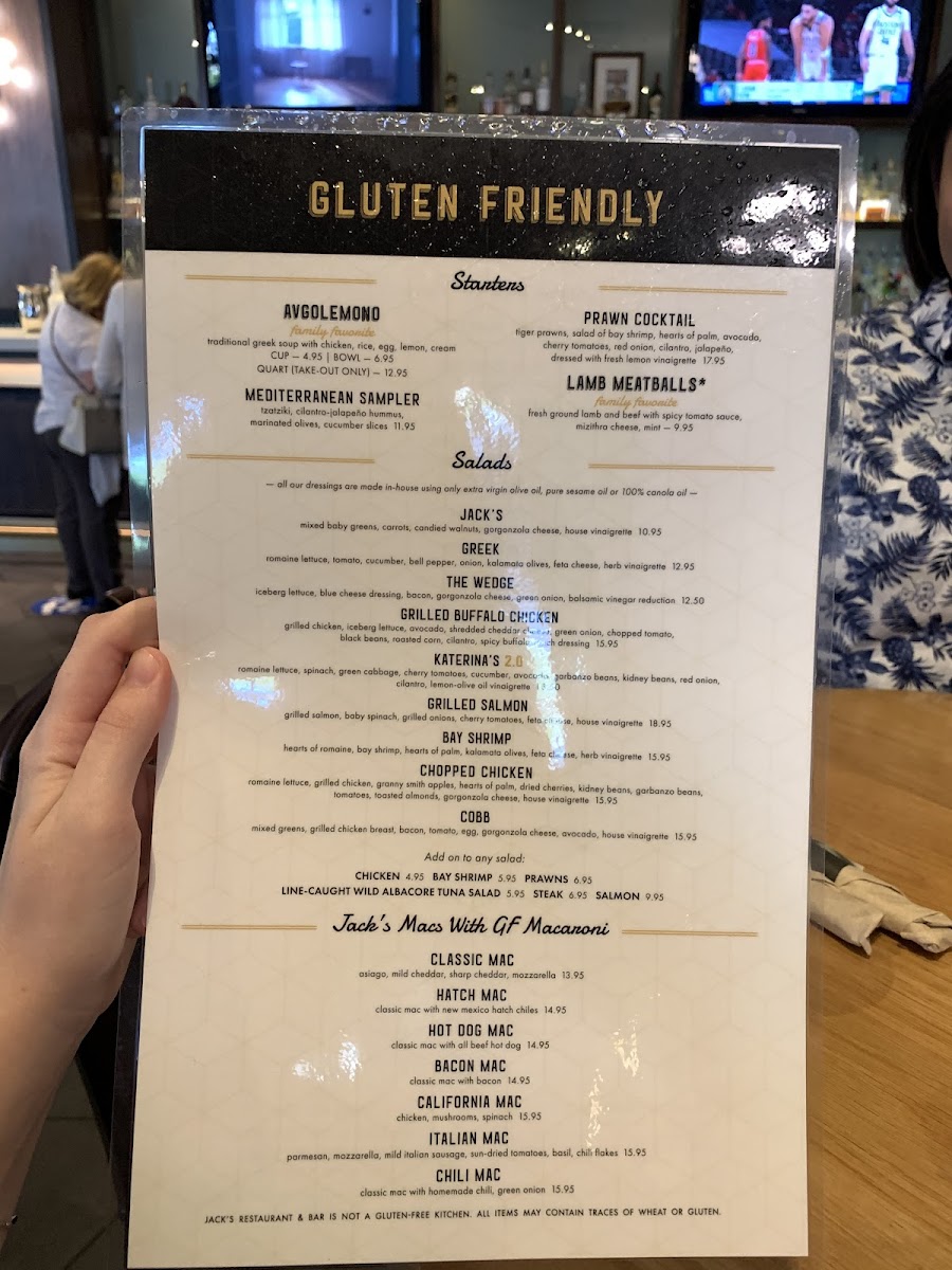 Jack's Restaurant & Bar gluten-free menu