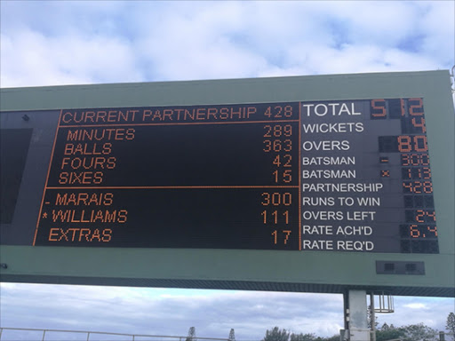The Sccoreboard at the end of an incredible innings from Border and Marco Marais with the hosts declaring on 512/4 and Marais unbeaten on 300 on day one of their Sunfoil Series clash against Eastern Province at Buffalo Park. Picture: ROSS ROCHE