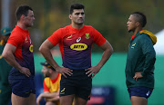 Jesse Kriel with Damian de Allende and Elton Janjies during the South African national rugby team training session at Insep High Performance Centre on November 06, 2018 in Paris, France. 