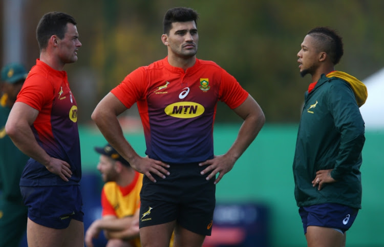 Jesse Kriel with Damian de Allende and Elton Janjies during the South African national rugby team training session at Insep High Performance Centre on November 06, 2018 in Paris, France.