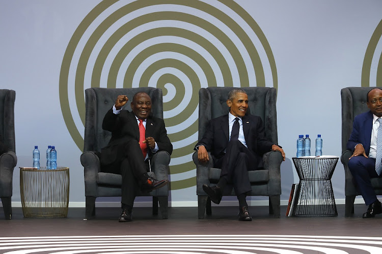 President Cyril Ramaphosa and former American president Barack Obama at the annual Mandela Lecture at Wanderers Stadium.