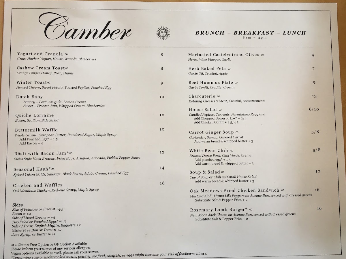 Camber menu: Brunch, Breakfast, Lunch