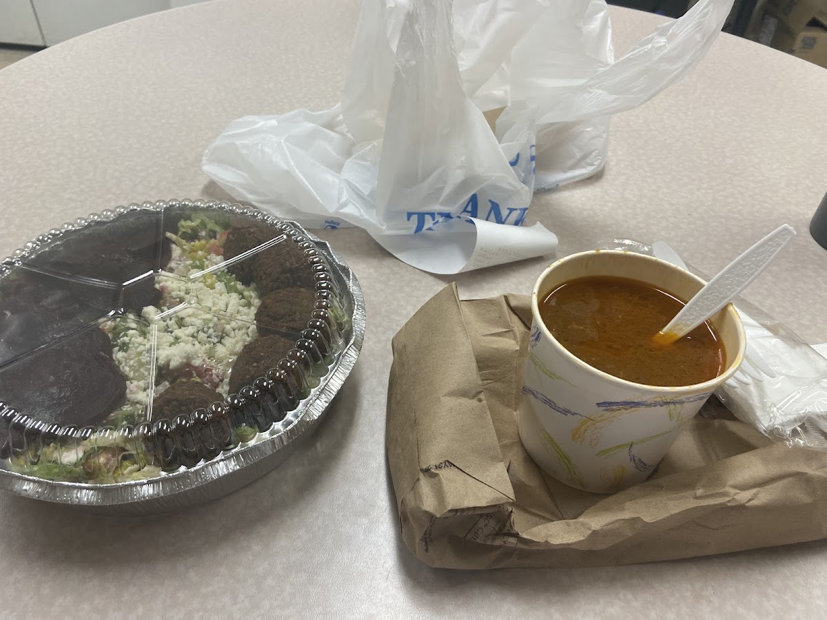 Falafel salad and lentil soup.