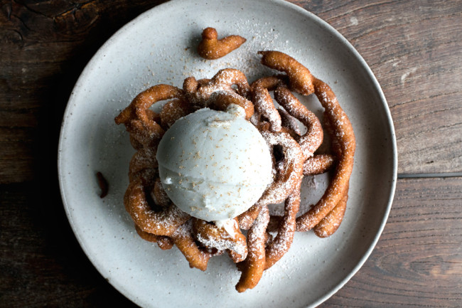 APPLE FUNNEL CAKE W/ APPLE YOGURT SORBET