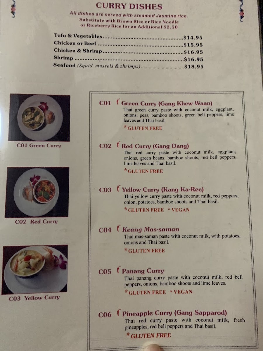 Curry dishes are also gluten free shown here w/prices