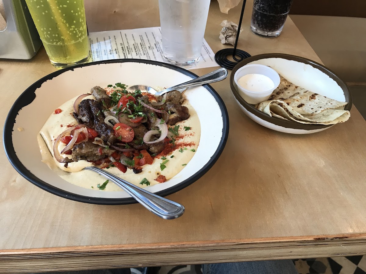 Hummus with lamb and gf pita