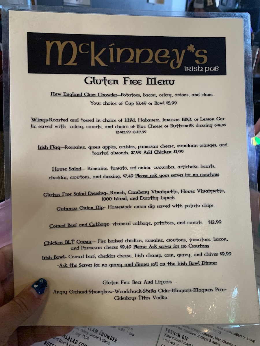 Gluten Free menu