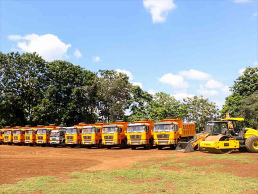 Some of the road work machines that Kirinyaga Governor Anne Waiguru flagged off on June 29, 2018. /COURTESY