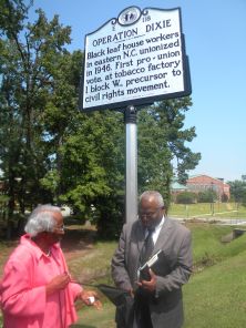 Black leaf house workers in eastern N.C. unionized in 1946. First pro-union vote, at tobacco factory 1 block W., precursor to civil rights movement.Plaque via North Carolina Highway Historical...