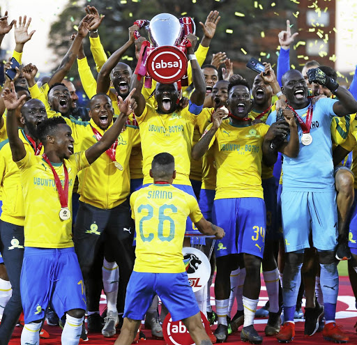 The winners of the Absa Premiership 2018/19 title, Mamelodi Sundowns, celebrate their victory. PSL sponsors Absa are worried about this season's TV blackout impasse.