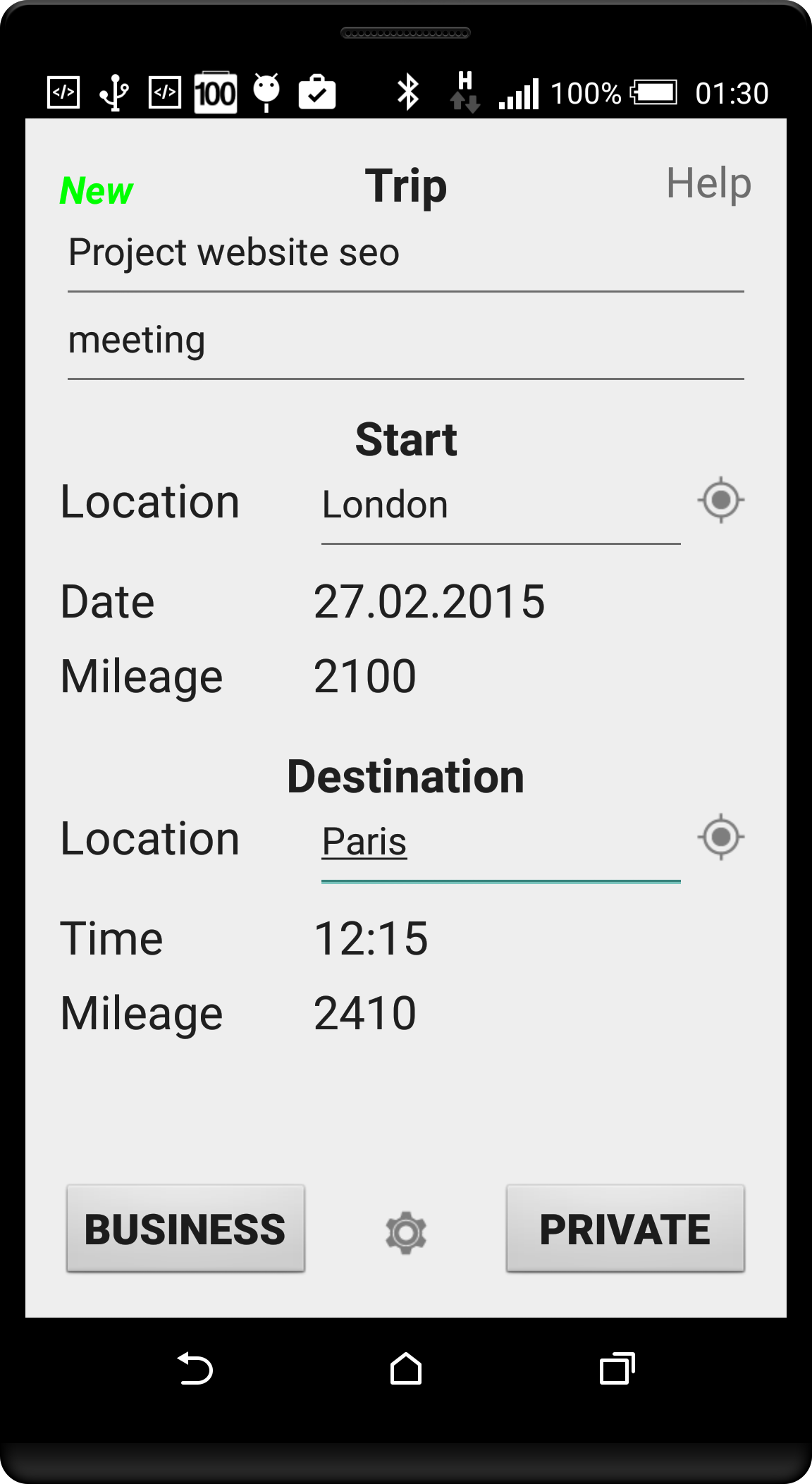 Android application Business Mileage Log screenshort