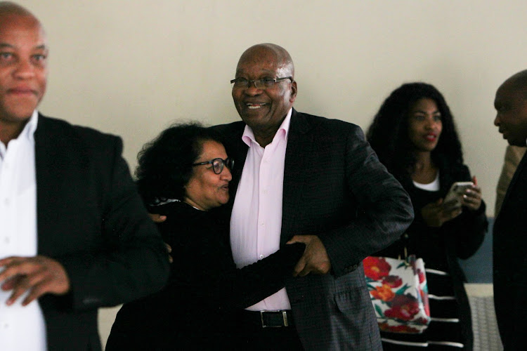 Former president Jacob Zuma shares a light moment with Jessie Duarte ahead of the ANC national executive committee meeting in Pretoria on Monday May 13 2019.