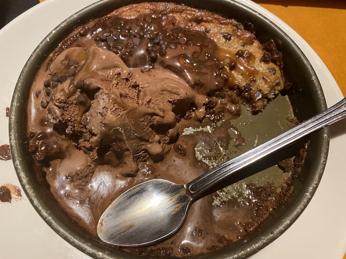 GF cookie with chocolate ice cream and caramel sauce