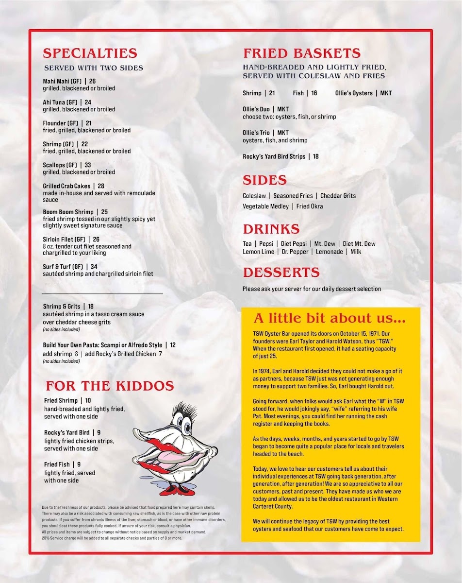 T&W Oyster Bar gluten-free menu