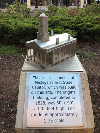 A tiny model of Michigan's first State Capitol, on the original site, which is now Capitol Park. This tiny slliver of a park is ground zero for Detroit's current rennaissance. The park is in good...