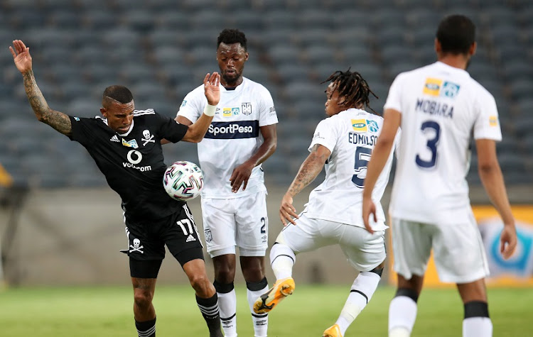 Wayde Jooste of Orlando Pirates challenged by Edmilson Dove of Cape Town City during the MTN8 quarter final between Orlando Pirates and Cape Town City on October 17, 2020 at Orlando stadium in Soweto, South Africa.