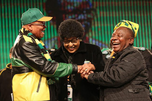ANC stalwart Winnie Madikizela-Mandela gets ANC president Jacob Zuma and his deputy Cyril Ramaphosa to hold hands before the start of the ANC policy conference at Nasrec. Winnie Madikizela-Mandela says ANC starting to overcome challenges plaguing it Picture: MASI LOSI