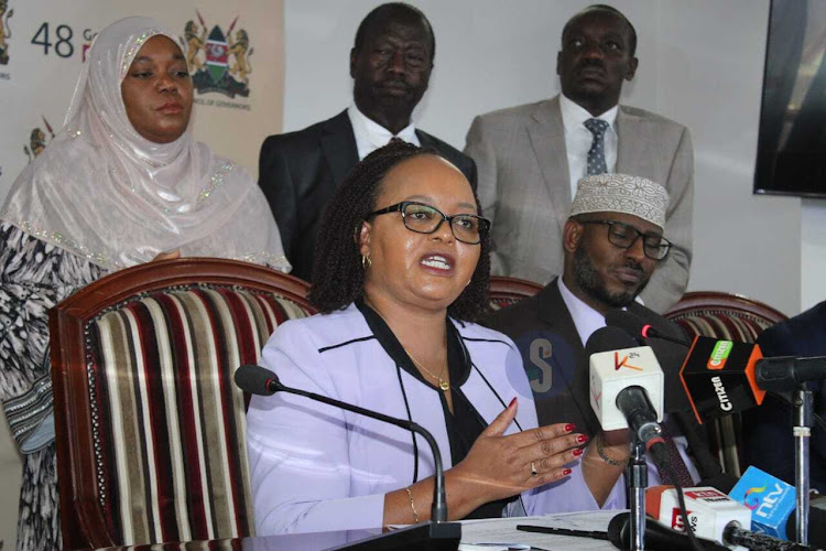 COG chair Anne Waiguru speaking during a full council meeting to discuss the ongoing doctors strike at the COG headquarters, Nairobi on April 16, 2024.