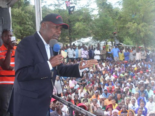 NO RUBBER STAMPS: Baringo Senator Gideon Moi at Lesirwo Secondary School in Kipkelion West during a campaign rally for Kericho Kanu candidate Paul Sang on Sunday.
