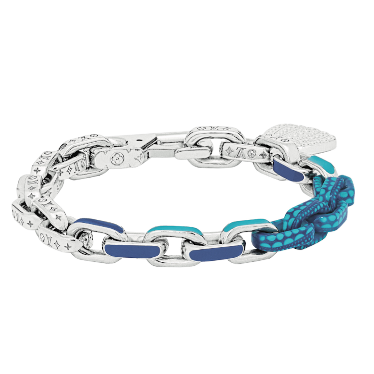 The LV x Yayoi Kusama palladium and blue-enamel Paradise chain bracelet.