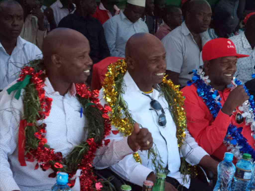 Nominated Marigat MCA Charles Kamuren, Baringo Senator Gideon Moi and Speaker William Kamket during a harambee in Marigat, December 3, 2016. /JOSEPH KANGOGO