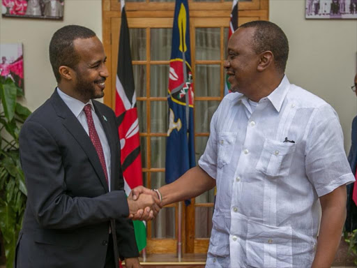 President Uhuru Kenyatta when he bade farewell to Gamal Hassan, outgoing ambassador of Somalia to Kenya, at State House, Nairobi, Tuesday May 1, 2017. /PSCU