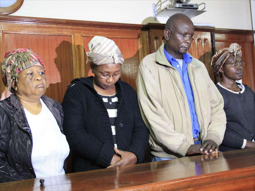 Kenyatta National Hospital nurses Mary Muthoni, Rosemary Nkonge, Godfrey Murithi and subordinate staff Priscilla Wairimu when they were charged with the murder of a cancer patient in November last year, November 14, 2016. /MONICAH MWANGI