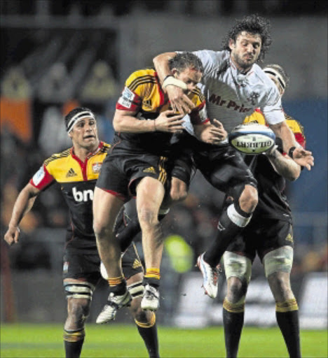 A BRIDGE TOO FAR: Ryan Kankowski of the Sharks takes on the Chiefs in the Super Rugby final match at Waikato Stadium in Hamilton, New Zealand. The Chiefs won 37-6. Photo: Gallo Images