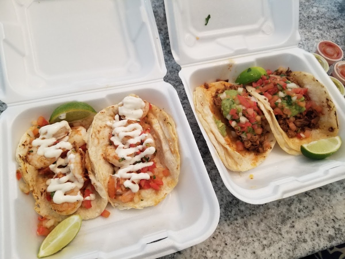 Shrimp and al pastor tacos- they use corn tortillas. So flavorful