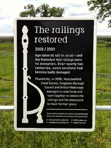 Plaque recording the restoration in 2008-09 of the railings along the towpath of the Macclesfield canal in the vicinity of Ramsden Hall. © Copyright Hugh Craddock and licensed for reuse under this...